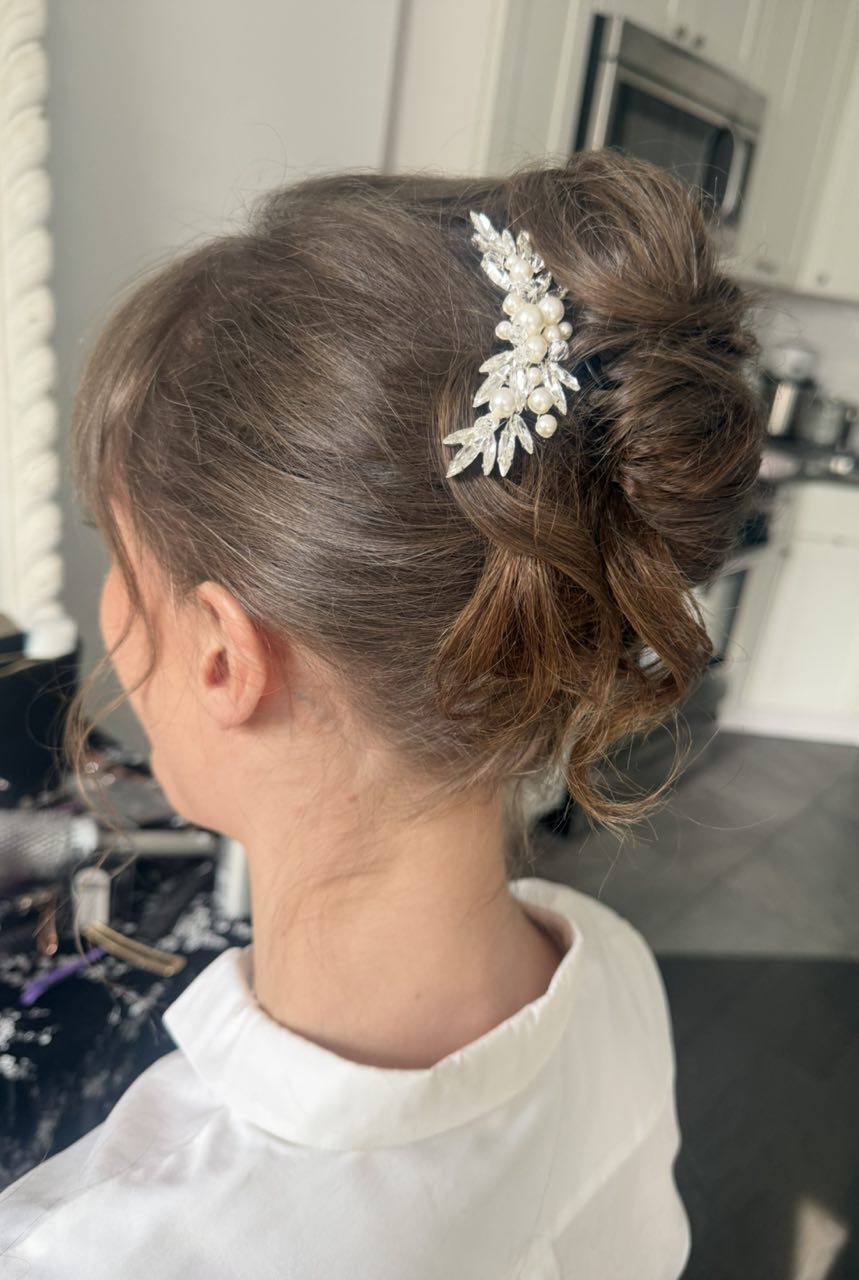 Bridal High Bun with Pearl Accent - Back View