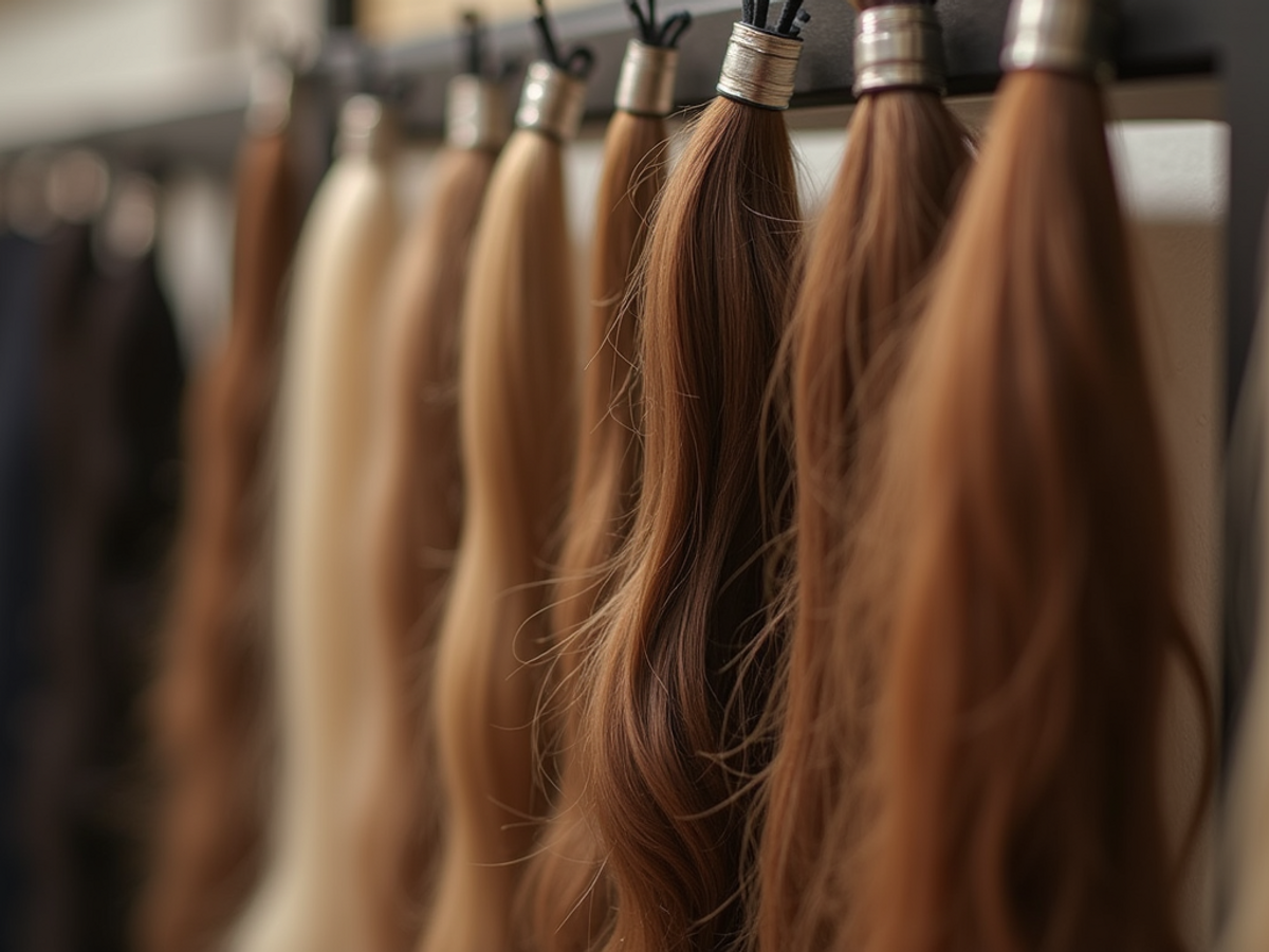 Luxury hair extensions displayed on a professional rack