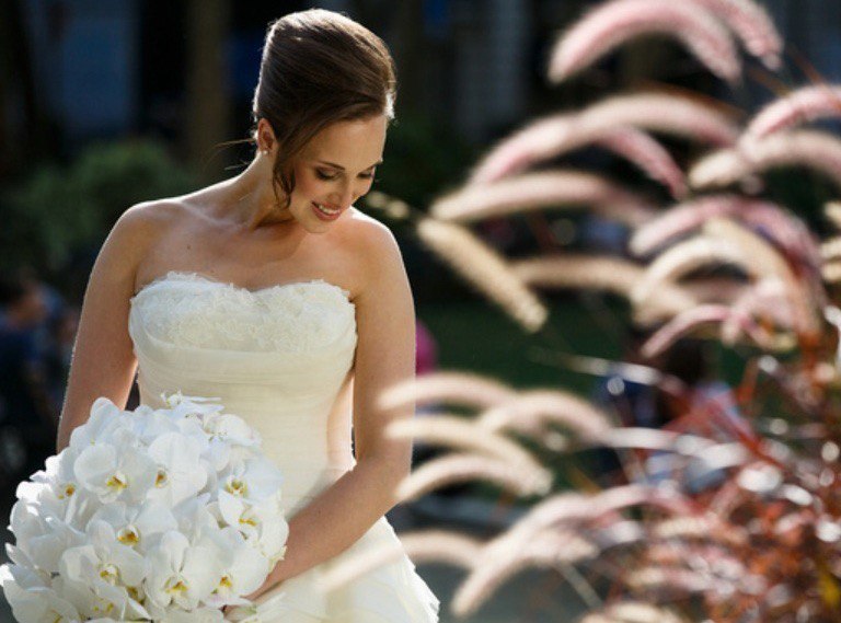 Bridal Hair — Elegant Updo with Orchid Bouquet